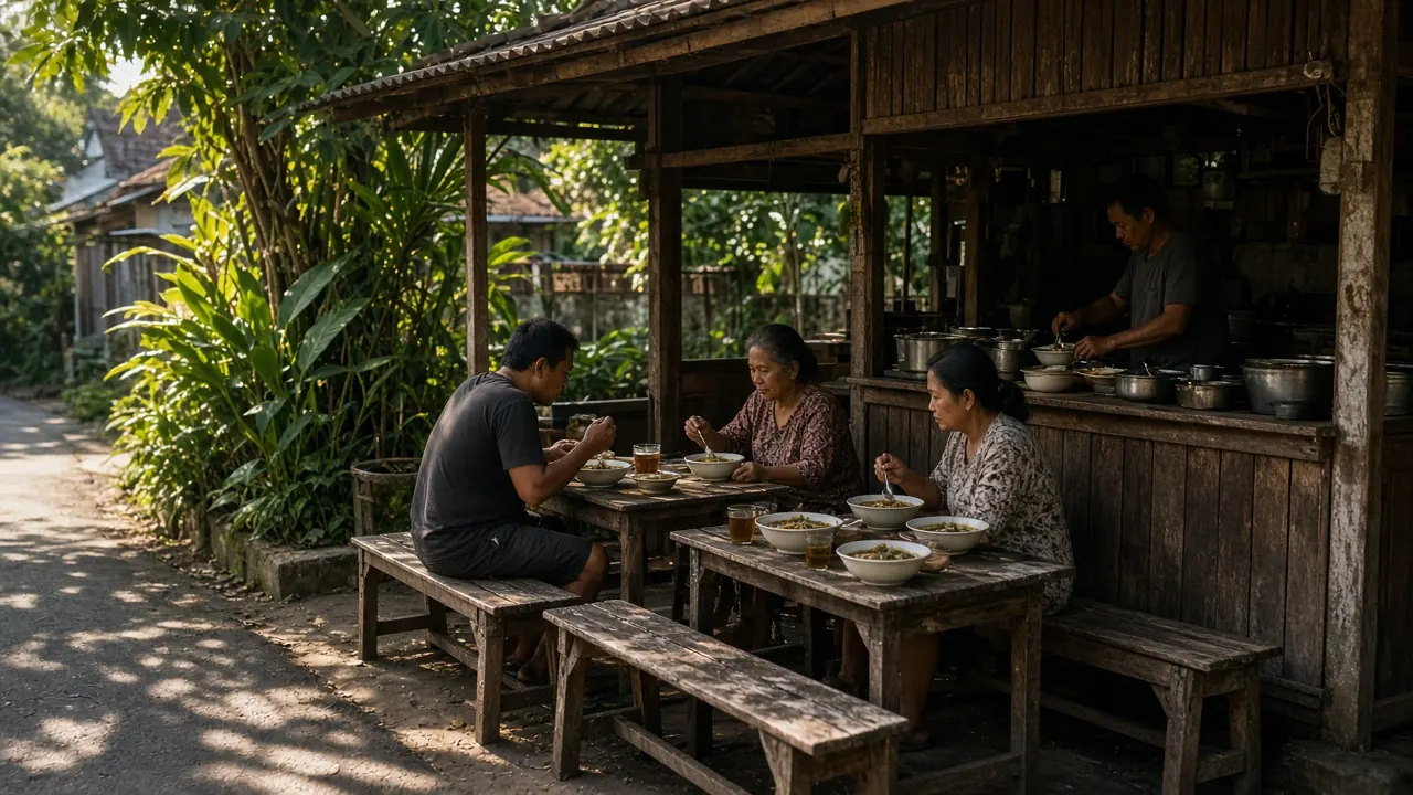 Suasana warung soto pinggir jalan dengan bangku kayu