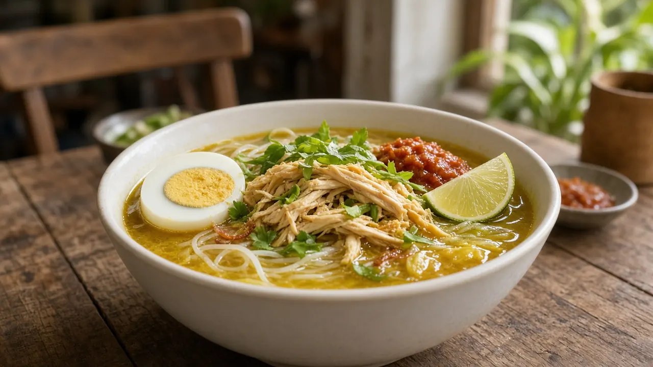Mangkuk soto ayam hangat dengan kuah kuning, ayam suwir, dan pelengkap